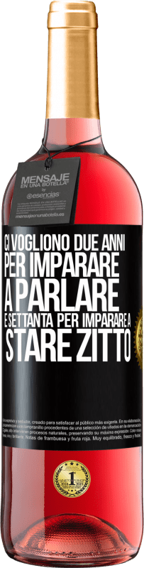 29,95 € Spedizione Gratuita | Vino rosato Edizione ROSÉ Ci vogliono due anni per imparare a parlare e settanta per imparare a stare zitto Etichetta Nera. Etichetta personalizzabile Vino giovane Raccogliere 2024 Tempranillo