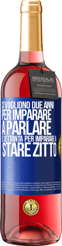 29,95 € Spedizione Gratuita | Vino rosato Edizione ROSÉ Ci vogliono due anni per imparare a parlare e settanta per imparare a stare zitto Etichetta Blu. Etichetta personalizzabile Vino giovane Raccogliere 2024 Tempranillo