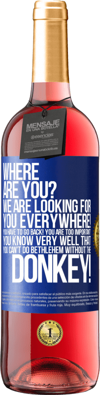 29,95 € Free Shipping | Rosé Wine ROSÉ Edition Where are you? We are looking for you everywhere! You have to go back! You are too important! You know very well that you Blue Label. Customizable label Young wine Harvest 2024 Tempranillo