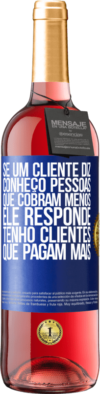 29,95 € Envio grátis | Vinho rosé Edição ROSÉ Se um cliente diz Conheço pessoas que cobram menos, ele responde Tenho clientes que pagam mais Etiqueta Azul. Etiqueta personalizável Vinho jovem Colheita 2025 Tempranillo