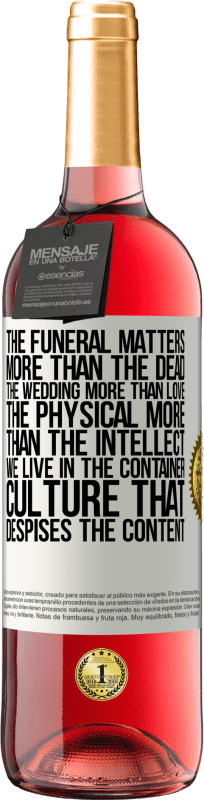 29,95 € Free Shipping | Rosé Wine ROSÉ Edition The funeral matters more than the dead, the wedding more than love, the physical more than the intellect. We live in the White Label. Customizable label Young wine Harvest 2022 Tempranillo