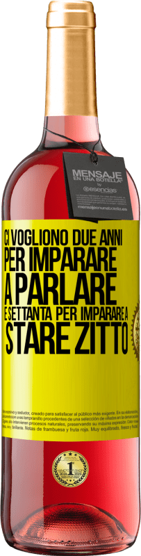 29,95 € Spedizione Gratuita | Vino rosato Edizione ROSÉ Ci vogliono due anni per imparare a parlare e settanta per imparare a stare zitto Etichetta Gialla. Etichetta personalizzabile Vino giovane Raccogliere 2024 Tempranillo