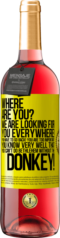 29,95 € Free Shipping | Rosé Wine ROSÉ Edition Where are you? We are looking for you everywhere! You have to go back! You are too important! You know very well that you Yellow Label. Customizable label Young wine Harvest 2024 Tempranillo