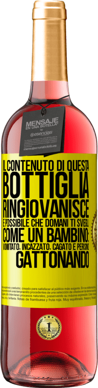 29,95 € Spedizione Gratuita | Vino rosato Edizione ROSÉ Il contenuto di questa bottiglia ringiovanisce. È possibile che domani ti svegli come un bambino: vomitato, incazzato, Etichetta Gialla. Etichetta personalizzabile Vino giovane Raccogliere 2024 Tempranillo