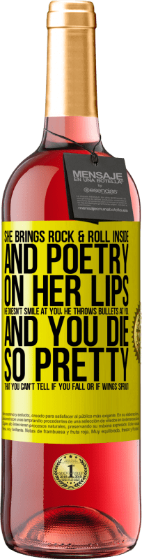 29,95 € Free Shipping | Rosé Wine ROSÉ Edition She brings Rock & Roll inside and poetry on her lips. He doesn't smile at you, he throws bullets at you, and you die so Yellow Label. Customizable label Young wine Harvest 2025 Tempranillo