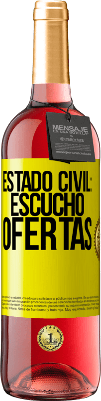 29,95 € Envío gratis | Vino Rosado Edición ROSÉ Estado civil: escucho ofertas Etiqueta Amarilla. Etiqueta personalizable Vino joven Cosecha 2024 Tempranillo