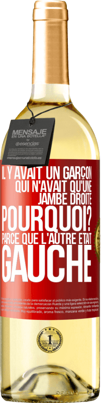 29,95 € Envoi gratuit | Vin blanc Édition WHITE Il y avait un garçon qui n'avait qu'une jambe droite. Pourquoi? Parce que l'autre était gauche Étiquette Rouge. Étiquette personnalisable Vin jeune Récolte 2023 Verdejo