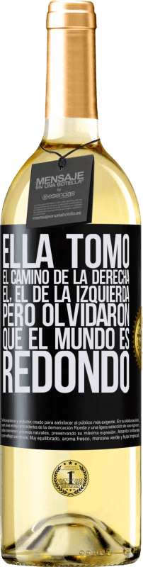 29,95 € Envío gratis | Vino Blanco Edición WHITE Ella tomó el camino de la derecha, él, el de la izquierda. Pero olvidaron que el mundo es redondo Etiqueta Negra. Etiqueta personalizable Vino joven Cosecha 2024 Verdejo