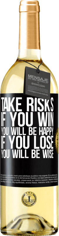 29,95 € Бесплатная доставка | Белое вино Издание WHITE Рисковать. Если вы выиграете, вы будете счастливы. Если вы проиграете, вы будете мудрыми Черная метка. Настраиваемая этикетка Молодое вино Урожай 2023 Verdejo
