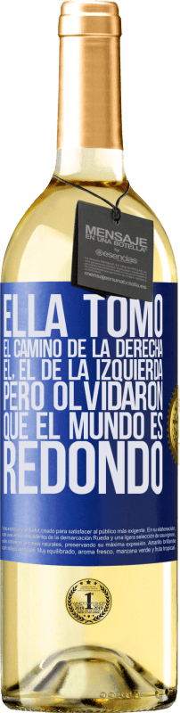 29,95 € Envío gratis | Vino Blanco Edición WHITE Ella tomó el camino de la derecha, él, el de la izquierda. Pero olvidaron que el mundo es redondo Etiqueta Azul. Etiqueta personalizable Vino joven Cosecha 2024 Verdejo