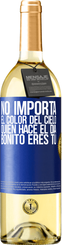 29,95 € Envío gratis | Vino Blanco Edición WHITE No importa el color del cielo. Quien hace el día bonito eres tú Etiqueta Azul. Etiqueta personalizable Vino joven Cosecha 2024 Verdejo