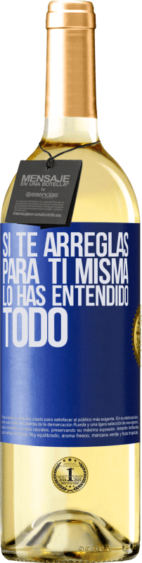 29,95 € Envío gratis | Vino Blanco Edición WHITE Si te arreglas para ti misma, lo has entendido todo Etiqueta Azul. Etiqueta personalizable Vino joven Cosecha 2024 Verdejo