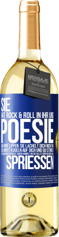 29,95 € Kostenloser Versand | Weißwein WHITE Ausgabe Sie hat Rock & Roll in ihr und Poesie auf ihre Lippen. Sie lächelt dich nicht an, sie wirft Kugeln auf dich und du stirbst so sc Blaue Markierung. Anpassbares Etikett Junger Wein Ernte 2024 Verdejo