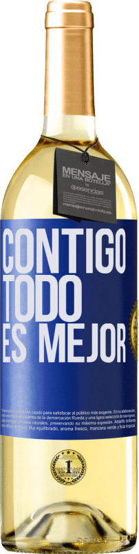 29,95 € Envío gratis | Vino Blanco Edición WHITE Contigo todo es mejor Etiqueta Azul. Etiqueta personalizable Vino joven Cosecha 2024 Verdejo