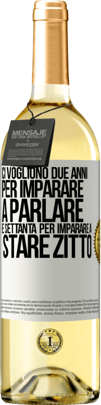 29,95 € Spedizione Gratuita | Vino bianco Edizione WHITE Ci vogliono due anni per imparare a parlare e settanta per imparare a stare zitto Etichetta Bianca. Etichetta personalizzabile Vino giovane Raccogliere 2024 Verdejo