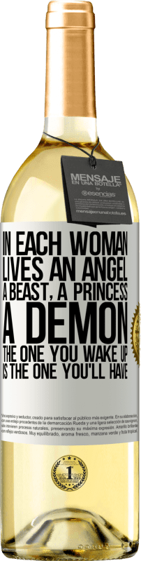29,95 € Бесплатная доставка | Белое вино Издание WHITE В каждой женщине живет ангел, зверь, принцесса, демон. Тот, кого вы просыпаете, тот, который вы будете иметь Белая этикетка. Настраиваемая этикетка Молодое вино Урожай 2023 Verdejo