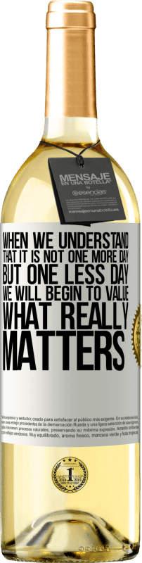 29,95 € Free Shipping | White Wine WHITE Edition When we understand that it is not one more day but one less day, we will begin to value what really matters White Label. Customizable label Young wine Harvest 2024 Verdejo