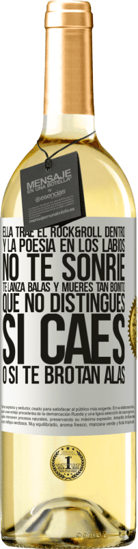 29,95 € Envío gratis | Vino Blanco Edición WHITE Ella trae el Rock&Roll dentro y la poesía en los labios. No te sonríe, te lanza balas, y mueres tan bonito, que no Etiqueta Blanca. Etiqueta personalizable Vino joven Cosecha 2024 Verdejo