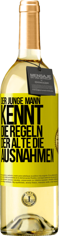 29,95 € Kostenloser Versand | Weißwein WHITE Ausgabe Der junge Mann kennt die Regeln, der Alte die Ausnahmen Gelbes Etikett. Anpassbares Etikett Junger Wein Ernte 2024 Verdejo