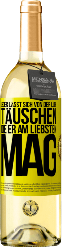 29,95 € Kostenloser Versand | Weißwein WHITE Ausgabe Jeder lässt sich von der Lüge täuschen, die er am liebsten mag Gelbes Etikett. Anpassbares Etikett Junger Wein Ernte 2025 Verdejo