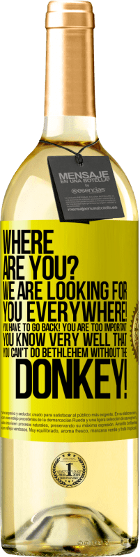 29,95 € Free Shipping | White Wine WHITE Edition Where are you? We are looking for you everywhere! You have to go back! You are too important! You know very well that you Yellow Label. Customizable label Young wine Harvest 2023 Verdejo