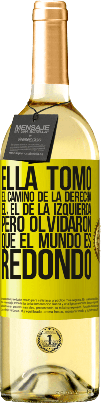 29,95 € Envío gratis | Vino Blanco Edición WHITE Ella tomó el camino de la derecha, él, el de la izquierda. Pero olvidaron que el mundo es redondo Etiqueta Amarilla. Etiqueta personalizable Vino joven Cosecha 2024 Verdejo