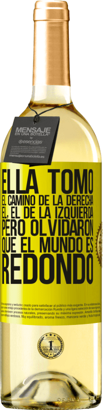 29,95 € Envío gratis | Vino Blanco Edición WHITE Ella tomó el camino de la derecha, él, el de la izquierda. Pero olvidaron que el mundo es redondo Etiqueta Amarilla. Etiqueta personalizable Vino joven Cosecha 2025 Verdejo