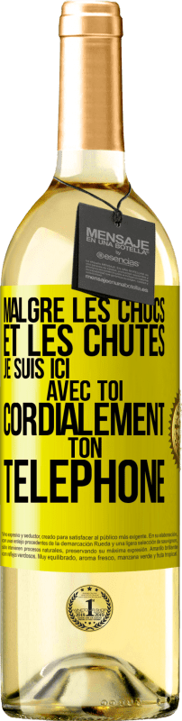 29,95 € Envoi gratuit | Vin blanc Édition WHITE Malgré les chocs et les chutes je suis ici avec toi. Cordialement ton téléphone Étiquette Jaune. Étiquette personnalisable Vin jeune Récolte 2024 Verdejo