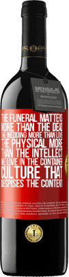 39,95 € Free Shipping | Red Wine RED Edition MBE Reserve The funeral matters more than the dead, the wedding more than love, the physical more than the intellect. We live in the Red Label. Customizable label Reserve 12 Months Harvest 2015 Tempranillo