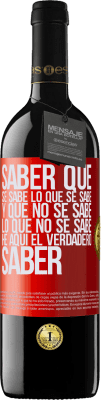 39,95 € Envío gratis | Vino Tinto Edición RED MBE Reserva Saber que se sabe lo que se sabe y que no se sabe lo que no se sabe he aquí el verdadero saber Etiqueta Roja. Etiqueta personalizable Reserva 12 Meses Cosecha 2015 Tempranillo