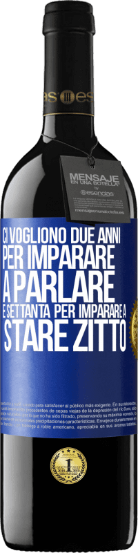 39,95 € Spedizione Gratuita | Vino rosso Edizione RED MBE Riserva Ci vogliono due anni per imparare a parlare e settanta per imparare a stare zitto Etichetta Blu. Etichetta personalizzabile Riserva 12 Mesi Raccogliere 2015 Tempranillo