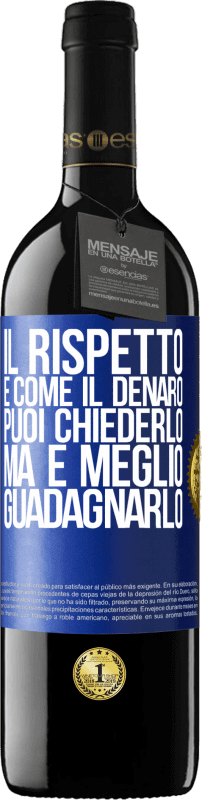 39,95 € Spedizione Gratuita | Vino rosso Edizione RED MBE Riserva Il rispetto è come il denaro. Puoi chiederlo, ma è meglio guadagnarlo Etichetta Blu. Etichetta personalizzabile Riserva 12 Mesi Raccogliere 2015 Tempranillo