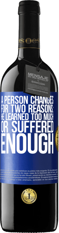 39,95 € Free Shipping | Red Wine RED Edition MBE Reserve A person changes for two reasons: he learned too much or suffered enough Blue Label. Customizable label Reserve 12 Months Harvest 2014 Tempranillo