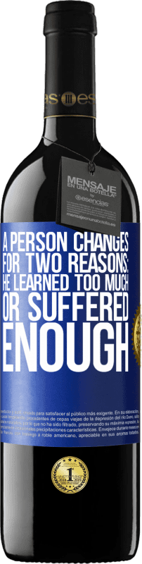 39,95 € Free Shipping | Red Wine RED Edition MBE Reserve A person changes for two reasons: he learned too much or suffered enough Blue Label. Customizable label Reserve 12 Months Harvest 2015 Tempranillo