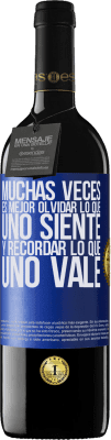 39,95 € Envío gratis | Vino Tinto Edición RED MBE Reserva Muchas veces es mejor olvidar lo que uno siente y recordar lo que uno vale Etiqueta Azul. Etiqueta personalizable Reserva 12 Meses Cosecha 2015 Tempranillo