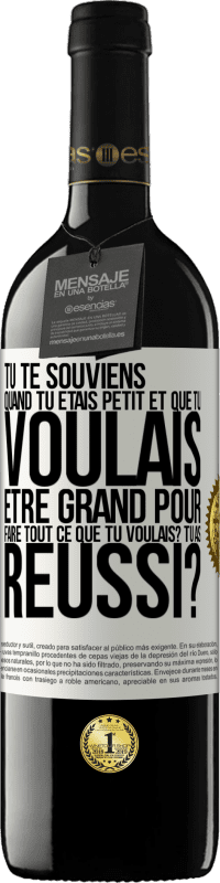 39,95 € Envoi gratuit | Vin rouge Édition RED MBE Réserve Tu te souviens quand tu étais petit et que tu voulais être grand pour faire tout ce que tu voulais? Tu as réussi? Étiquette Blanche. Étiquette personnalisable Réserve 12 Mois Récolte 2015 Tempranillo