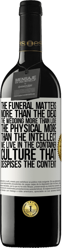 39,95 € Free Shipping | Red Wine RED Edition MBE Reserve The funeral matters more than the dead, the wedding more than love, the physical more than the intellect. We live in the White Label. Customizable label Reserve 12 Months Harvest 2015 Tempranillo