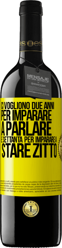 39,95 € Spedizione Gratuita | Vino rosso Edizione RED MBE Riserva Ci vogliono due anni per imparare a parlare e settanta per imparare a stare zitto Etichetta Gialla. Etichetta personalizzabile Riserva 12 Mesi Raccogliere 2015 Tempranillo