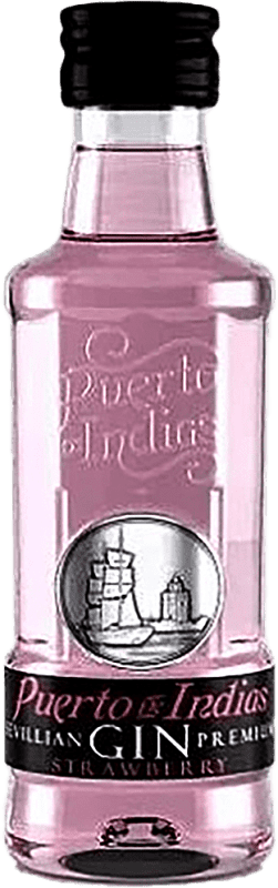 55,95 € Envio grátis | Caixa de 24 unidades Genever Gin Puerto de Indias Espanha Garrafinha Miniatura 5 cl Fresa — Morango