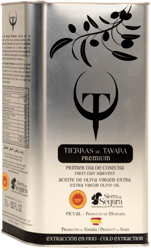 59,95 € Envio grátis | Azeite de Oliva Tierras de Tavara Premium, AOVE Virgem Extra D.O. Sierra de Segura Jaén Espanha Picual Lata Especial 3 L