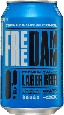 24,95 € 免费送货 | 盒装24个 啤酒 Estrella Damm Free Lager 加泰罗尼亚 西班牙 罐 33 cl 0.0 零点零 不含酒精