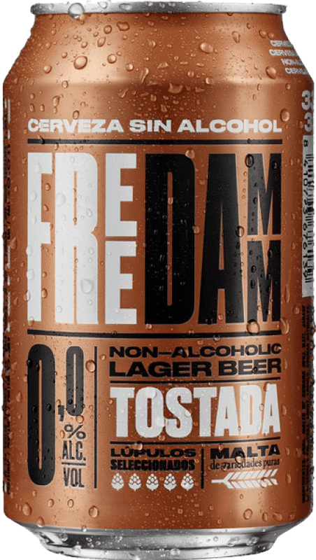28,95 € Envio grátis | Caixa de 24 unidades Cerveja Estrella Damm Lager, Tostada Catalunha Espanha Lata 33 cl Sem Álcool