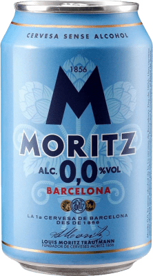 27,95 € Envio grátis | Caixa de 24 unidades Cerveja Moritz 0,0 Espanha Lata 33 cl Sem Álcool