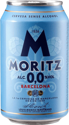 27,95 € Envío gratis | Caja de 24 unidades Cerveza Moritz 0,0 España Lata 33 cl Sin Alcohol