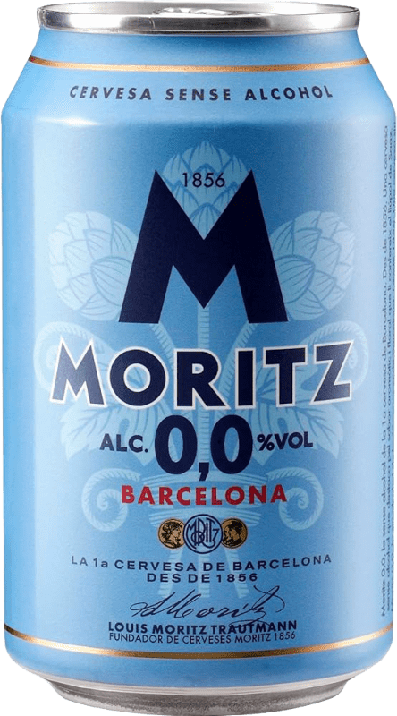 31,95 € Envio grátis | Caixa de 24 unidades Cerveja Moritz Espanha Lata 33 cl 0.0 Zero Zero Sem Álcool