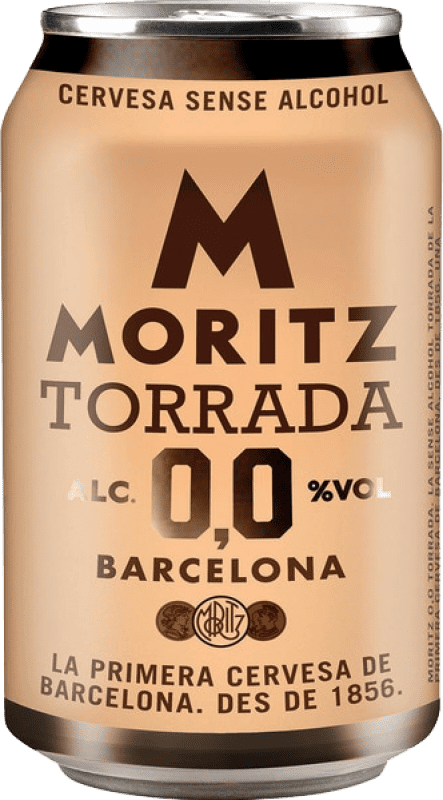 27,95 € Envio grátis | Caixa de 24 unidades Cerveja Moritz Tostada 0,0 Espanha Lata 33 cl Sem Álcool