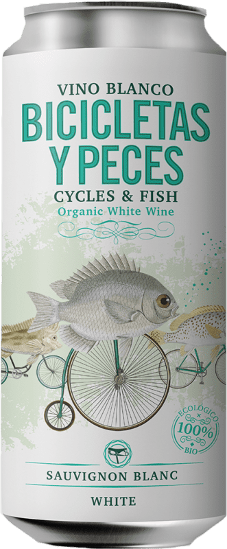 126,95 € 免费送货 | 盒装24个 白酒 Family Owned Bicicletas y Peces Blanco Ecológico 西班牙 Sauvignon White 铝罐 25 cl