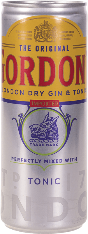 45,95 € Envío gratis | Caja de 12 unidades Mixer Gordon's Gin & Tónica Reino Unido Lata 25 cl
