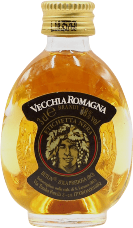 2,95 € Envio grátis | Brandy Conhaque Vecchia Romagna Black — Edição Preta Itália Garrafinha Miniatura 4 cl