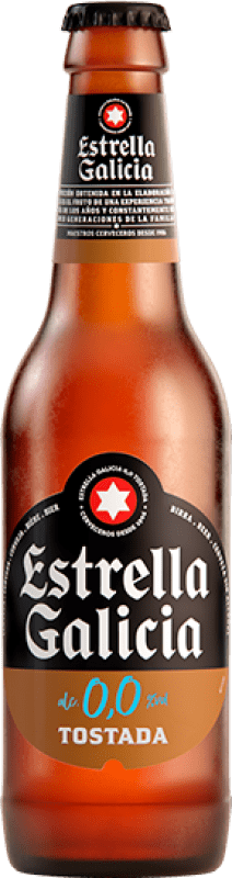 39,95 € Envio grátis | Caixa de 24 unidades Cerveja Estrella Galicia Tostada Galiza Espanha Garrafa Pequena 20 cl 0.0 Zero Zero Sem Álcool